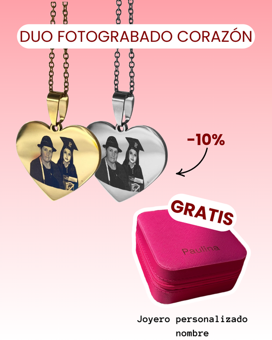 Dúo cadena placa corazón 30mm fotograbado + joyero GRATIS✨