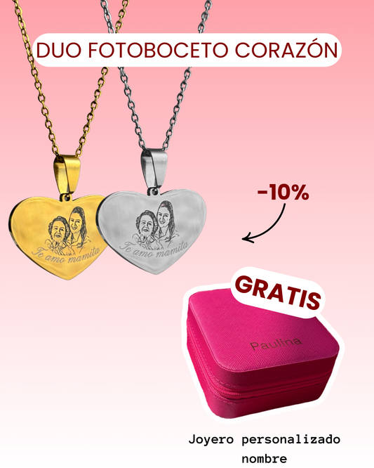 Dúo cadena corazón 30mm personalizada fotoboceto + Joyero GRATIS ✨
